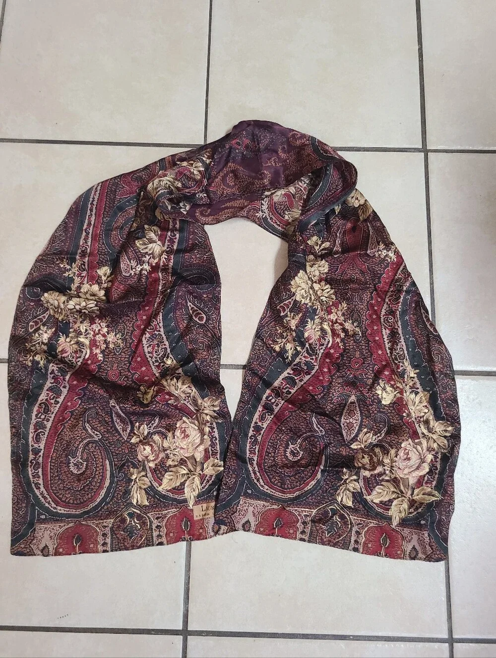 Vintage Lauren By Ralph Lauren Paisley Floral Scarf - Burgundy and Gold